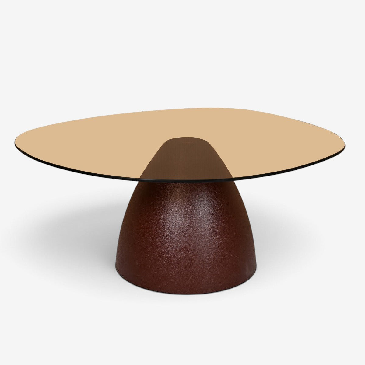 Kayu Living Brix Mylon coffee table with a round smoked-glass top and a textured burgundy steel pedestal base.