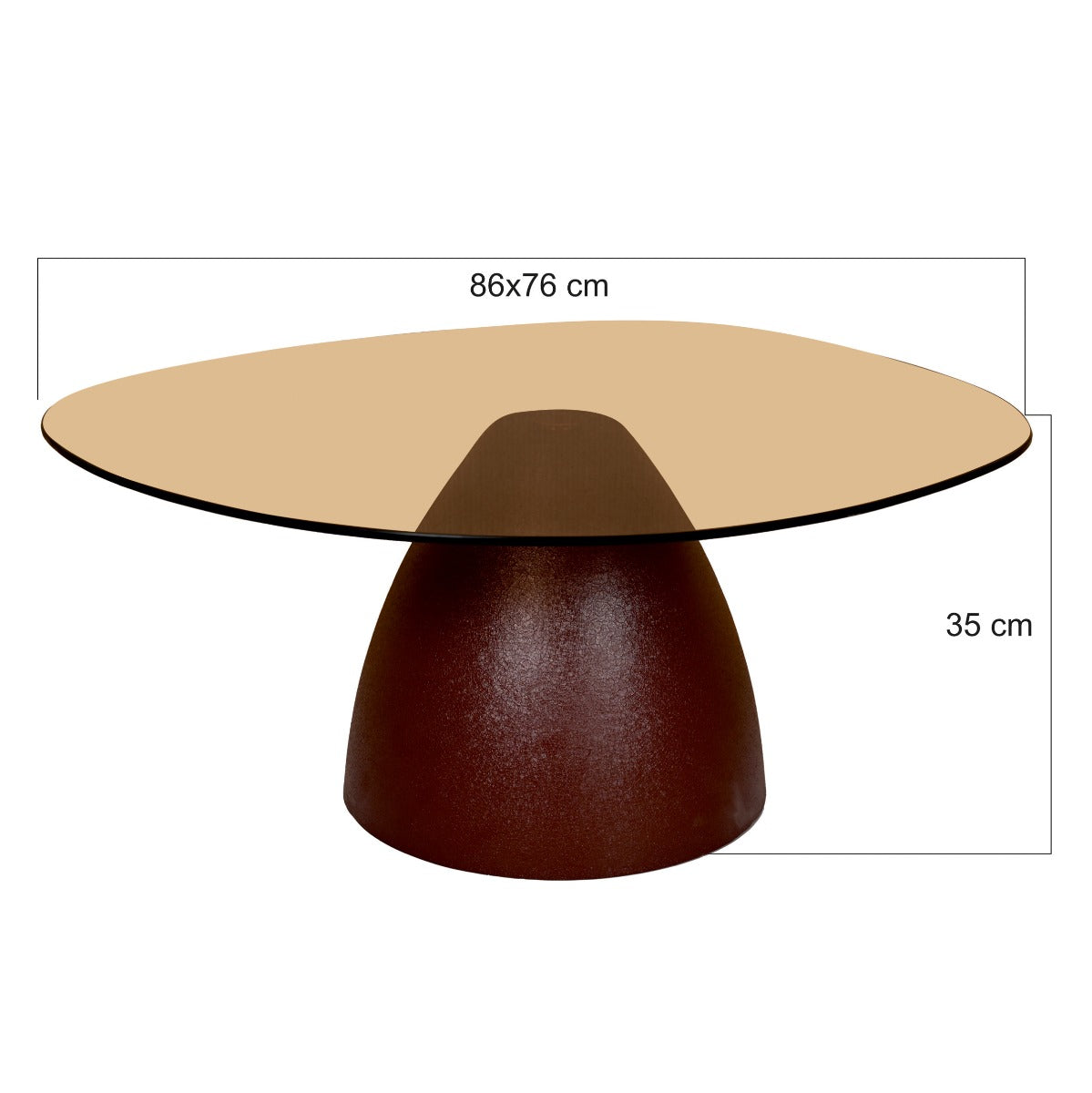 Kayu Living Brix Mylon coffee table with a burgundy steel base and smoked glass top, 86 cm wide.