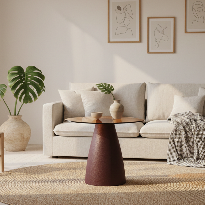 A modern living room scene featuring a round glass-top coffee table with a dark brown conical pedestal base, styled in front of a light beige sofa with neutral-toned cushions and a woven rug.