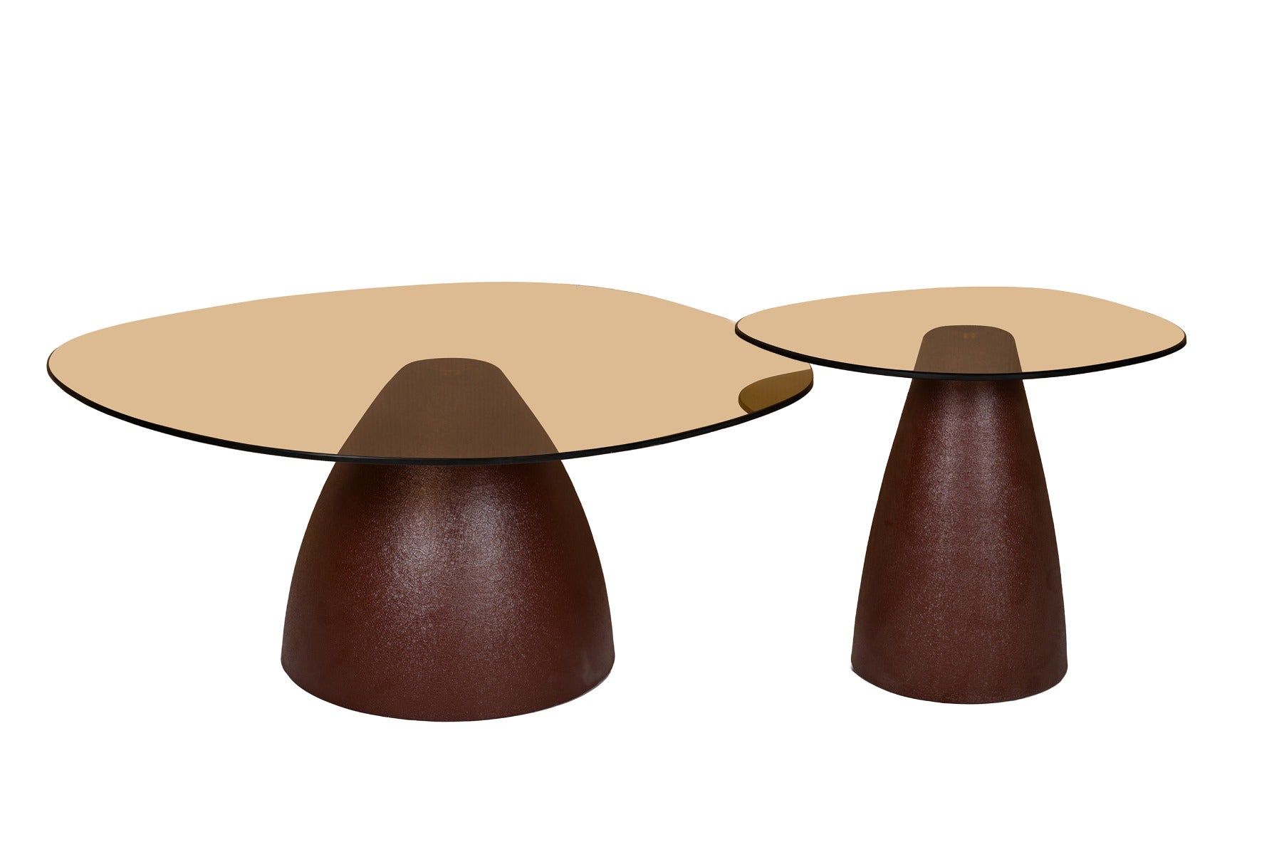 Kayu Living Brix Mylon coffee tables featuring burgundy steel bases and smoked-glass tops in a contemporary design.