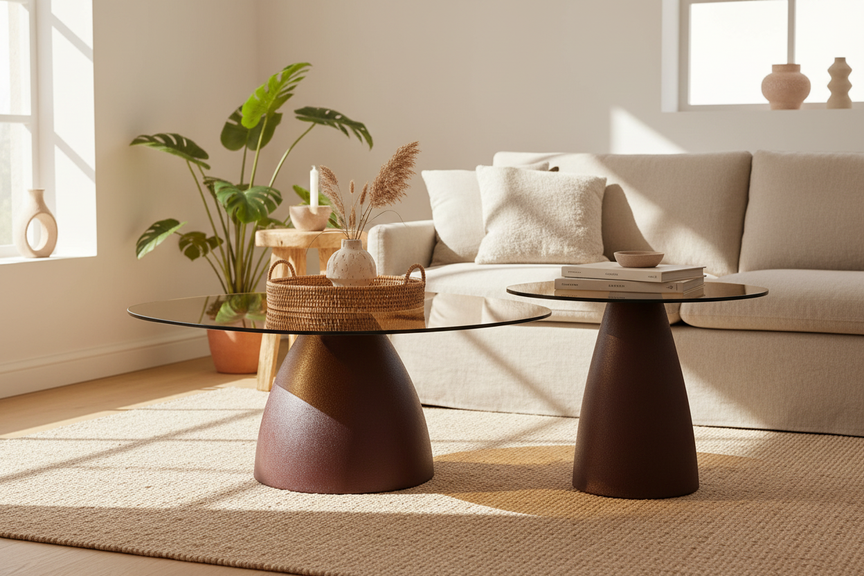 Two modern round coffee tables with glass tops and sculptural dark brown pedestal bases, styled in a bright, sunlit living room with a beige sofa, plants, and a woven rug.