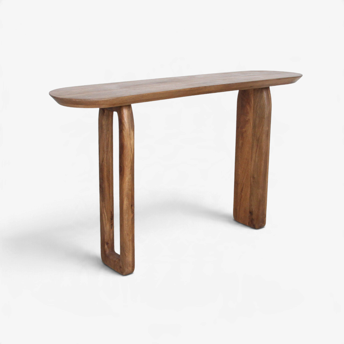 Kayu Living brown solid mango wood console table with rounded bullnose edges and unique open-frame legs