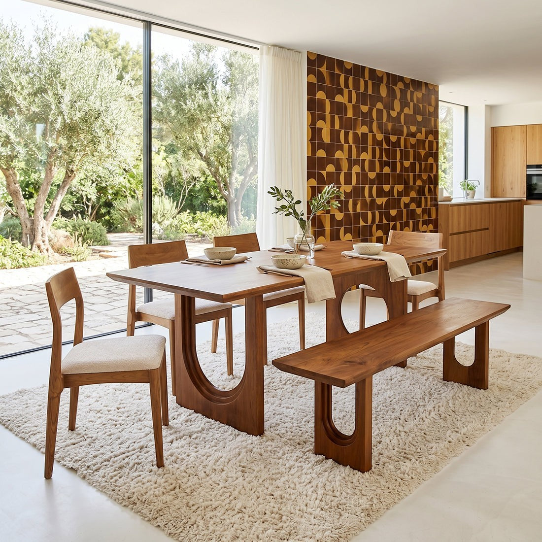 Kayu Living 180 cm Bullnose Chamfered mango wood dining bench with rounded edges in a bright modern dining room.