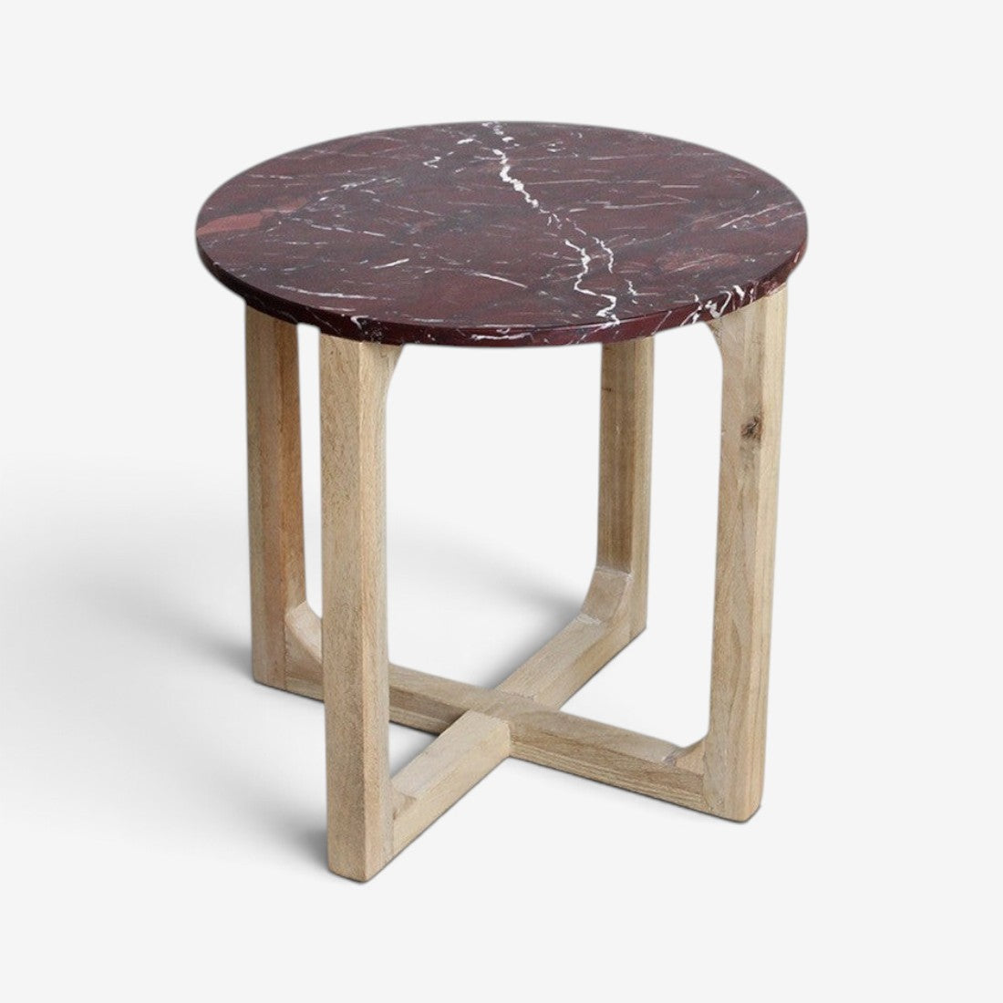 Kayu Living burgundy marble side table with white veins and a natural mango wood cross-leg base.