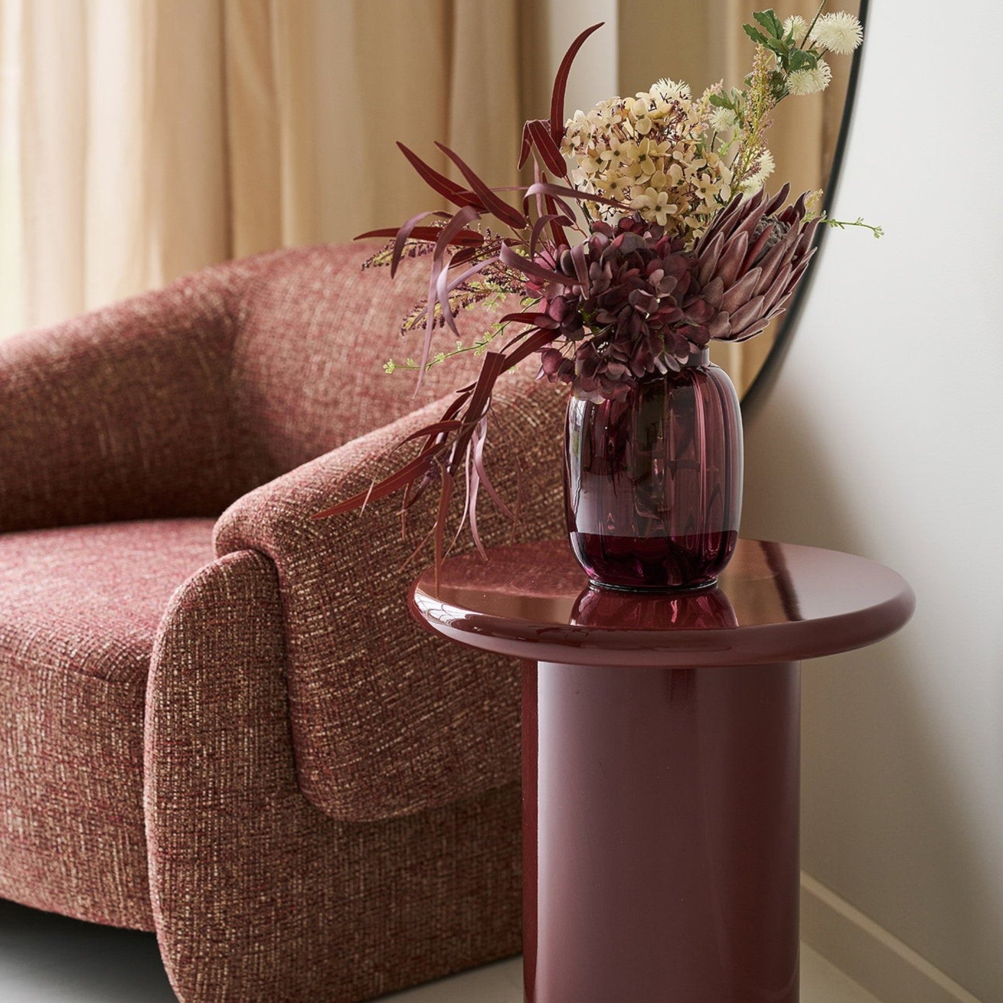 Kayu Living burgundy MDF side table with modern compact design, ideal for bedside or living room.