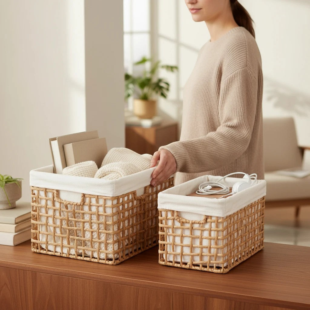 Kayu Living Bustelo Baskets set of two natural paper woven storage bins with white fabric liners on a wooden table.