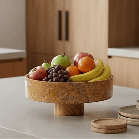 Kayu Living caramel onyx stone fruit bowl, 35 cm diameter, with unique veining. Perfect for kitchen island or dining table.