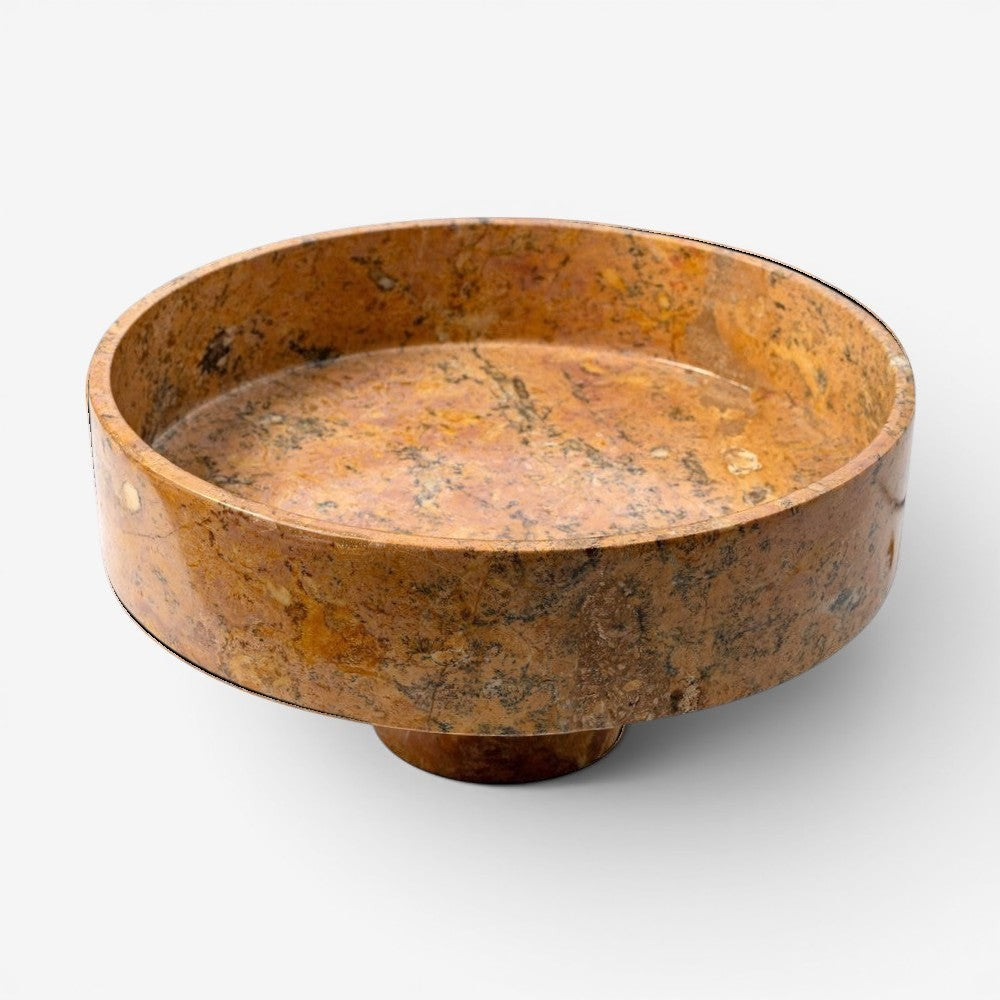 Kayu Living caramel onyx stone fruit bowl, 35 cm diameter, with unique veining, perfect for display or centrepiece.
