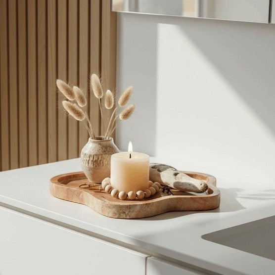 Kayu Living caramel veined onyx stone tray with wavy edge, ideal for coffee tables or vanities.