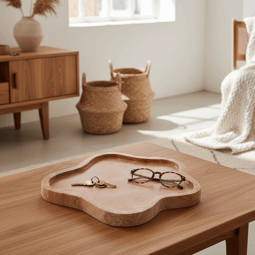 Kayu Living caramel veined onyx stone tray with wavy edge, ideal for coffee tables or vanities.