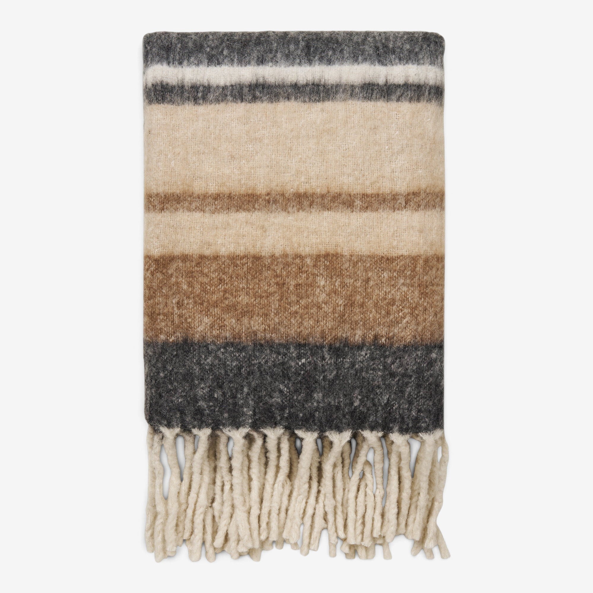 Kayu Living Carmel plaid throw blanket in black and brown wool blend with striped pattern and fringed edges.