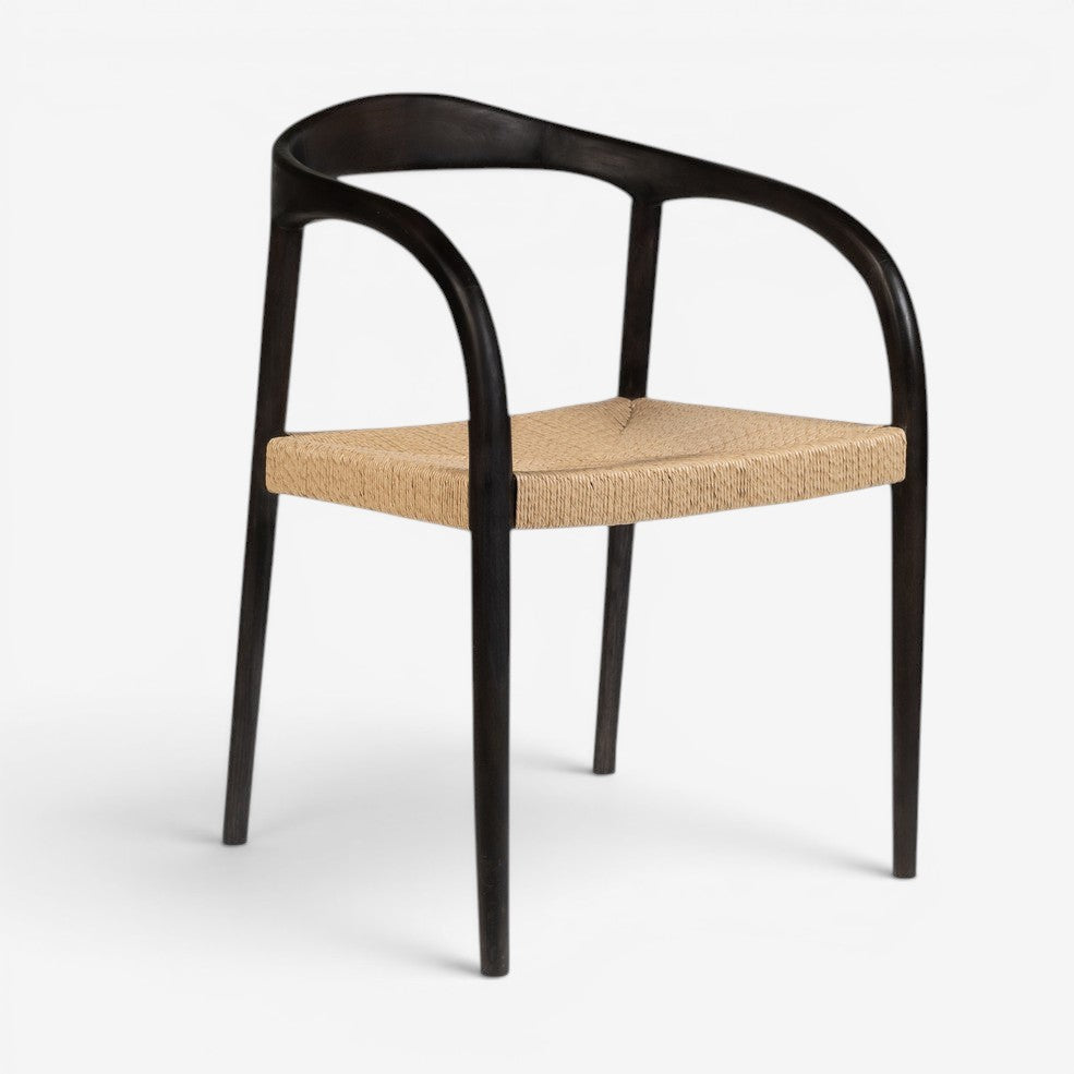 Kayu Living Cemagi chair with dark brown teak frame and handwoven rope seat, suitable for indoor/outdoor use.