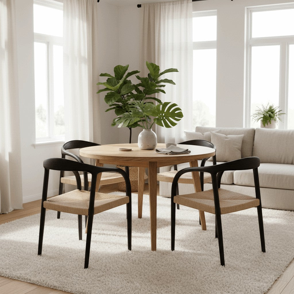 Kayu Living Cemagi chair with dark brown teak frame and woven rope seat, ideal for indoor/outdoor dining.