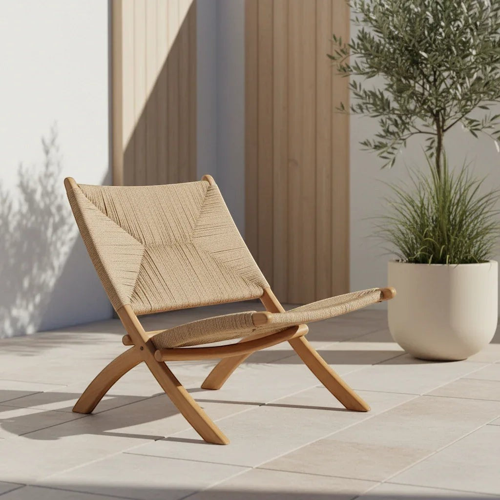 Kayu Living Cemagi foldable lounge chair with handwoven natural rope seat and teak frame, perfect for indoor/outdoor use.