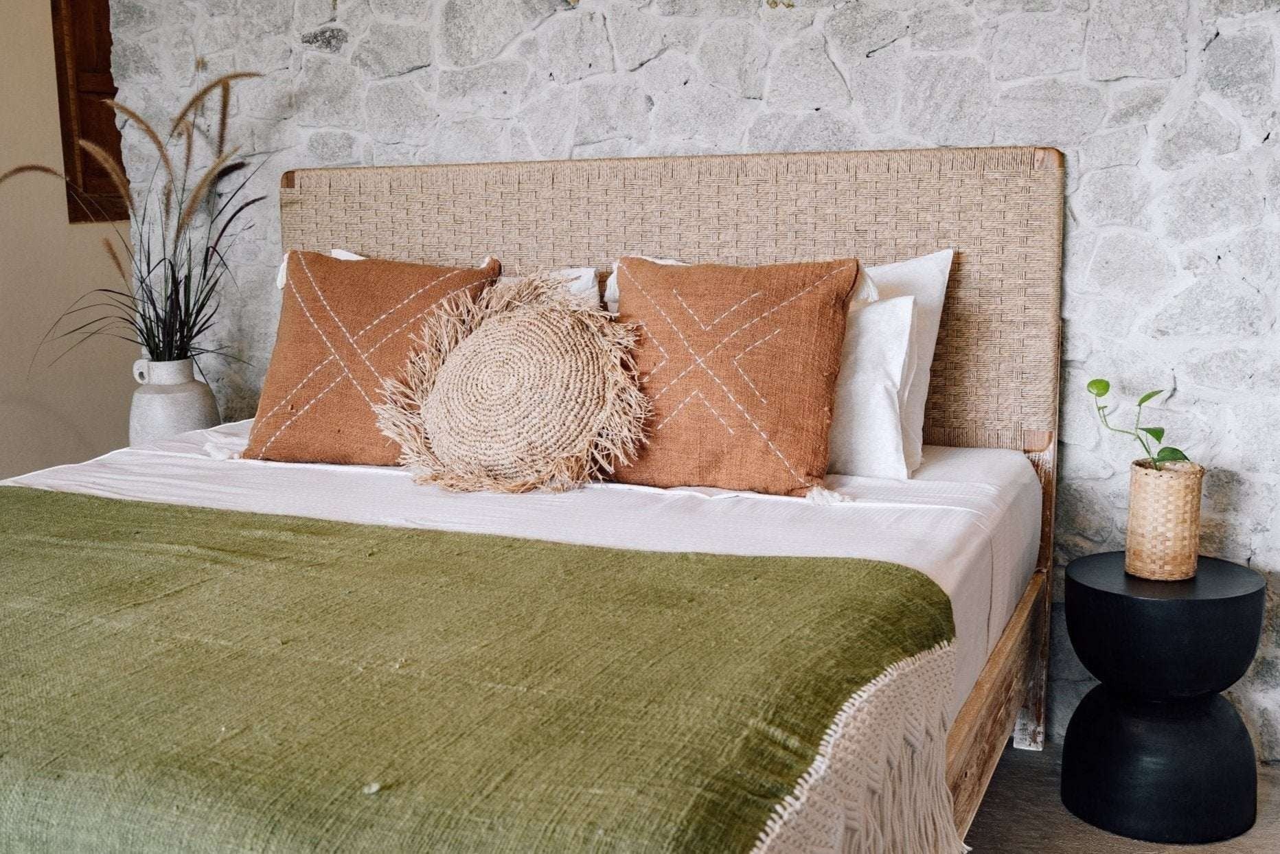 Kayu Living Cemagi handwoven rope headboard with solid teak frame, natural finish, and contemporary aesthetic.