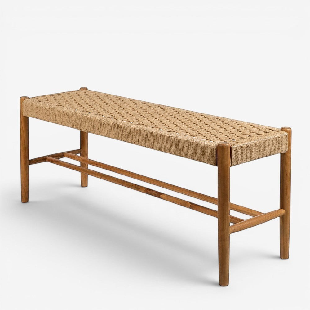Kayu Living Cemagi 120 cm teak bench with handwoven natural rope seat. Ideal for entryways or living spaces.