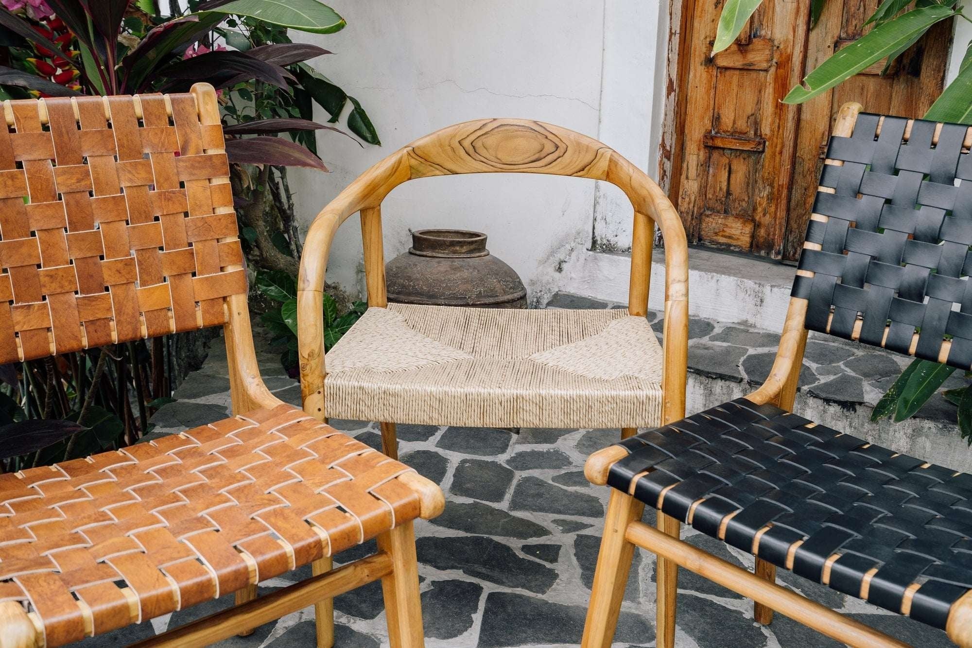 Kayu Living Cemagi chair with teak frame and woven seat in natural, tan leather, or black leather options.