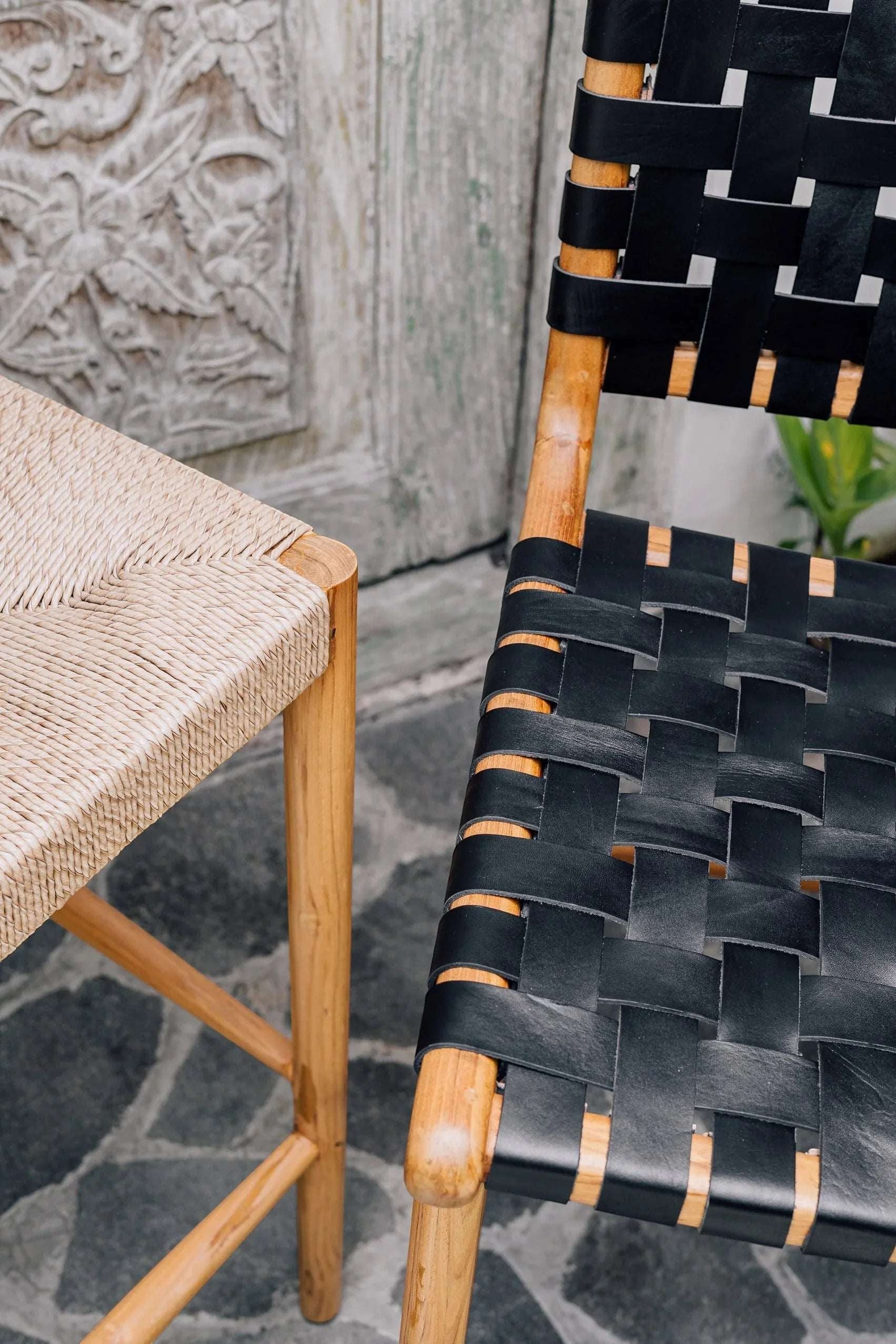 Kayu Living Cemagi counter stool with natural woven seat and teak frame. Modern design for indoor/outdoor use.