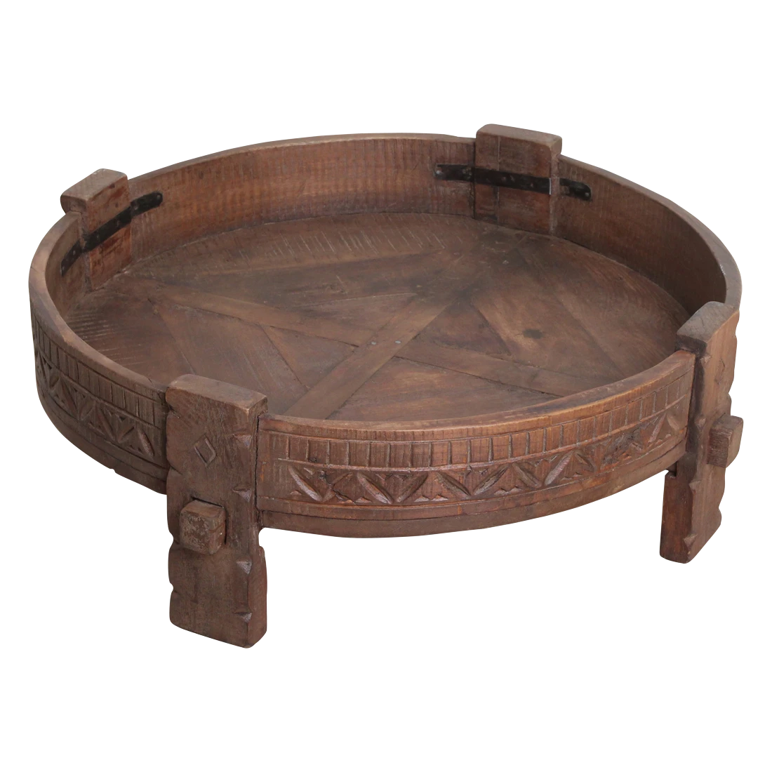 Kayu Living handcrafted round Chakki side table made from recycled hardwood with intricate carved details.