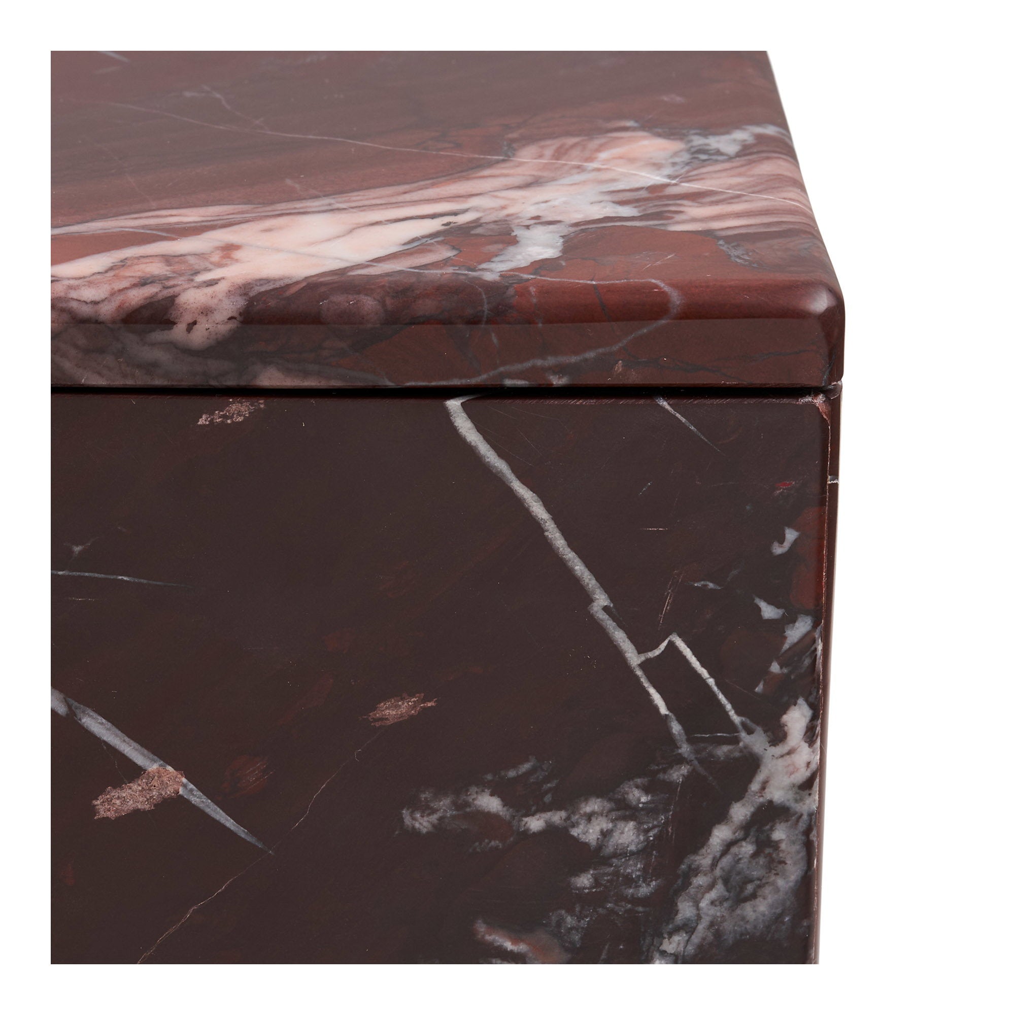 Kayu Living chestnut-red marble jar with white veining, showing a close-up of the polished stone texture and lid.