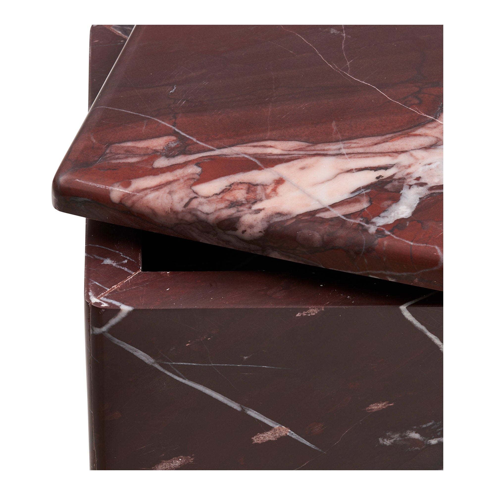 Kayu Living chestnut-red marble jar with a square lid, featuring natural white veining and a polished finish.