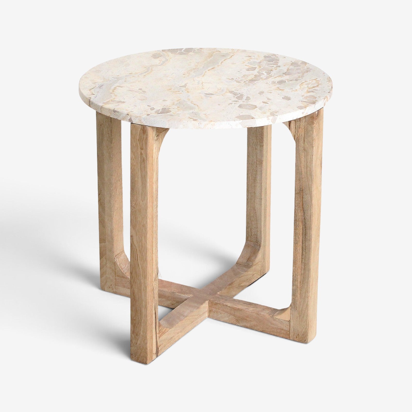 Kayu Living cream marble side table with a round top and natural mango wood cross base