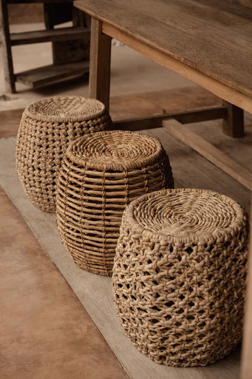 Kayu Living Dannih Stool handcrafted from sustainable banana leaf in a natural earthy tone with boho texture.