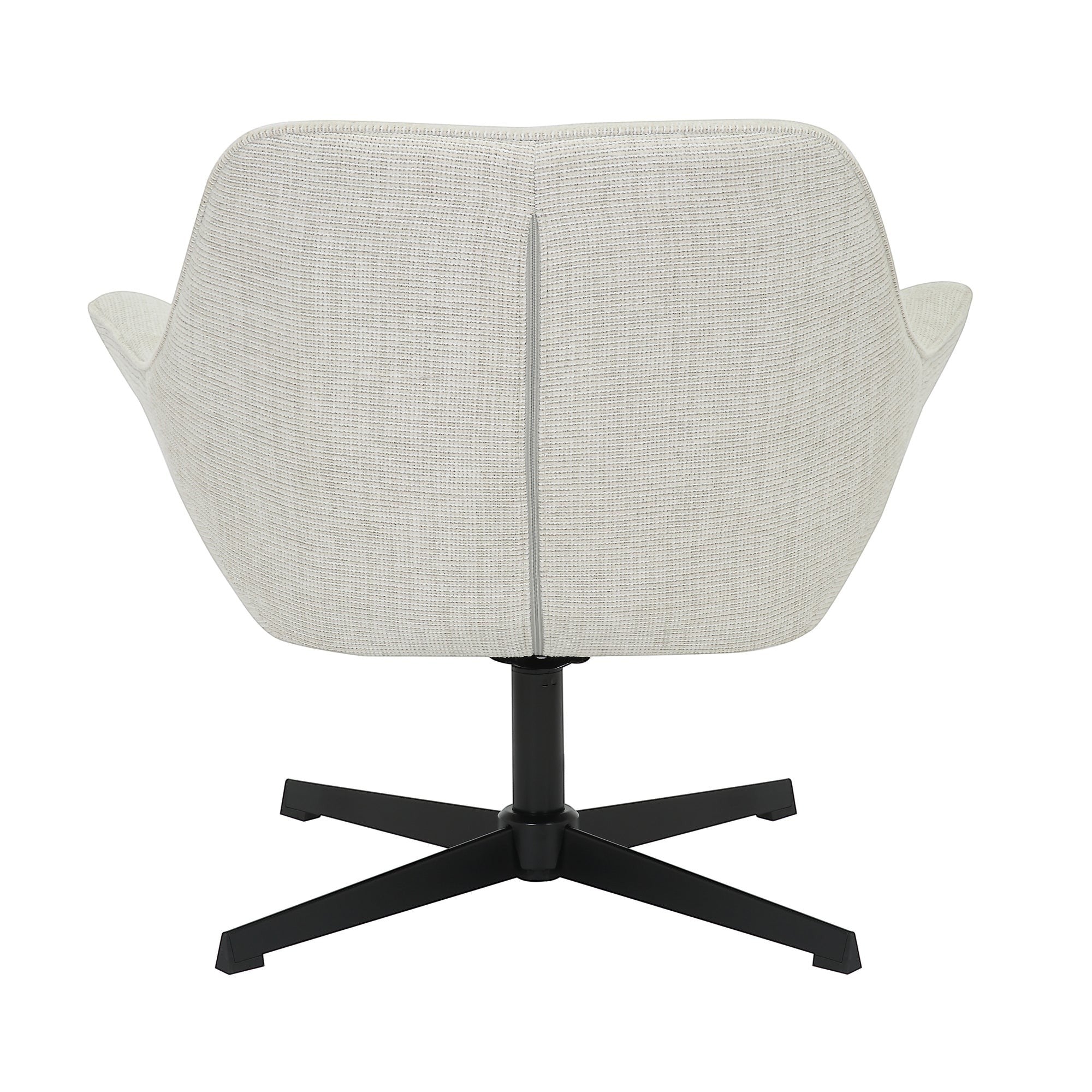 Kayu Living Daphne greige fabric swivel armchair viewed from the back with a black metal cross base.