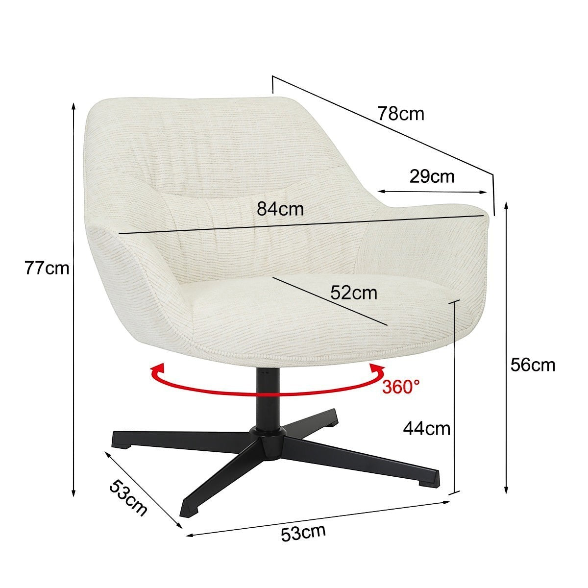 Kayu Living Daphne swivel armchair in sand fabric with black metal base and detailed dimension measurements