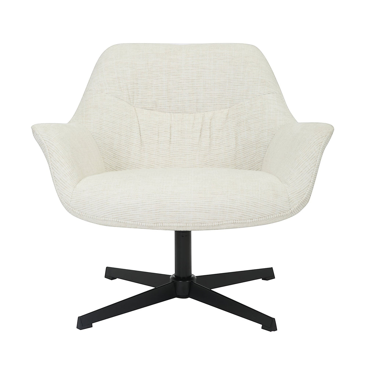 Kayu Living Daphne swivel armchair in sand textured fabric with a modern black metal cross base