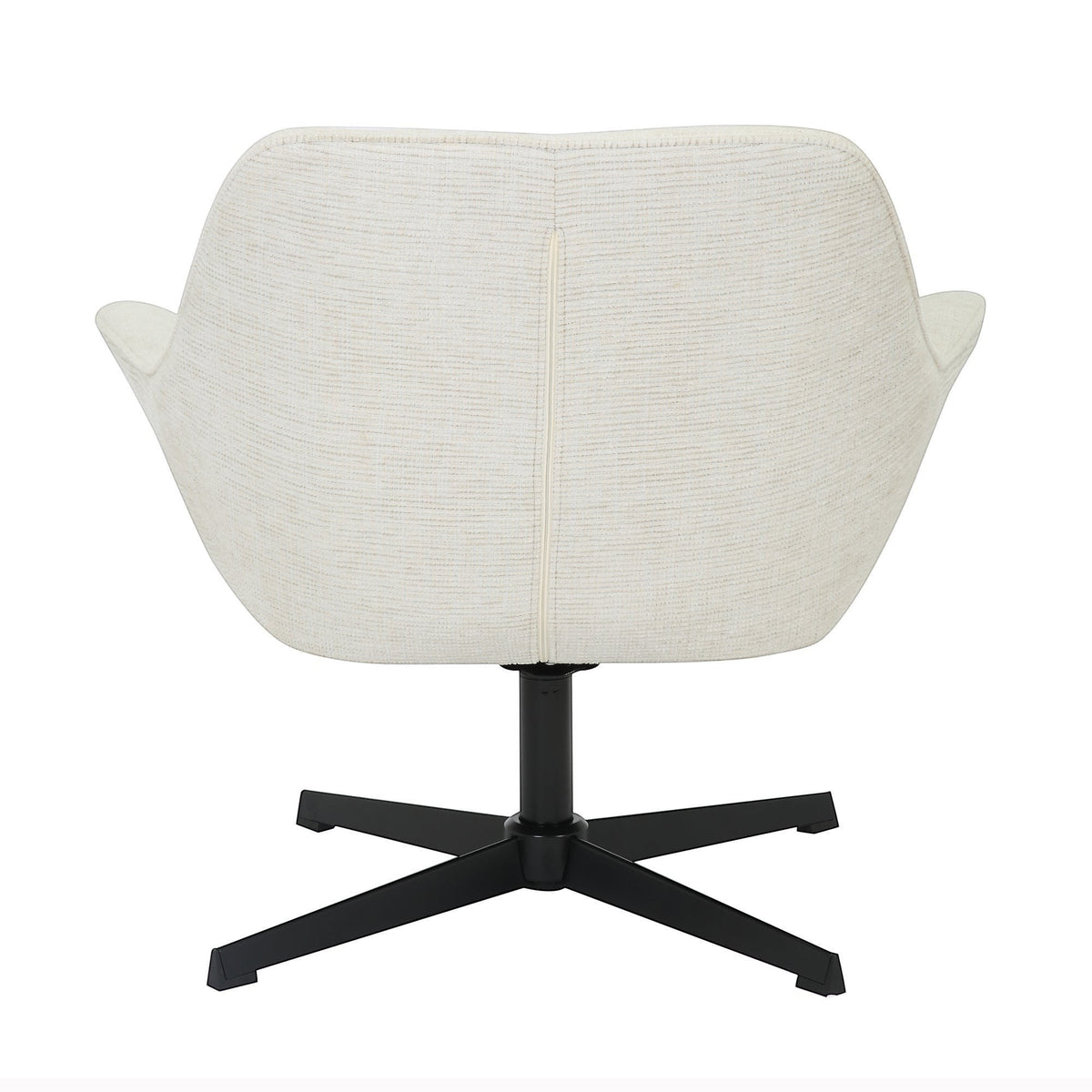 Back view of the Kayu Living Daphne swivel armchair in sand fabric with a black metal cross base
