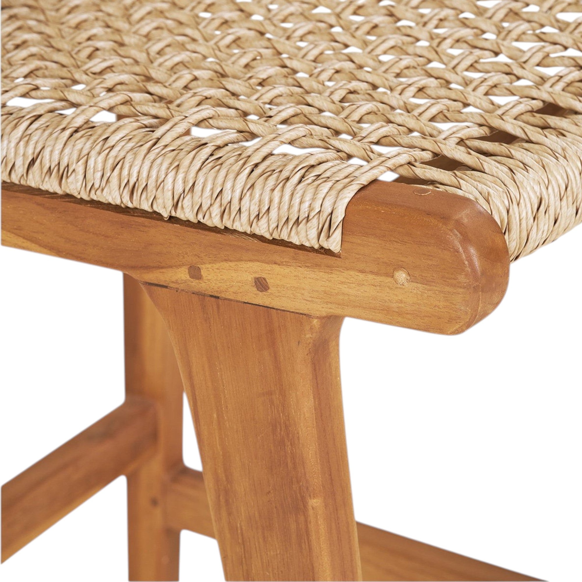 Kayu Living Derby counter chair featuring a natural teak wood frame and a durable woven PE rattan seat
