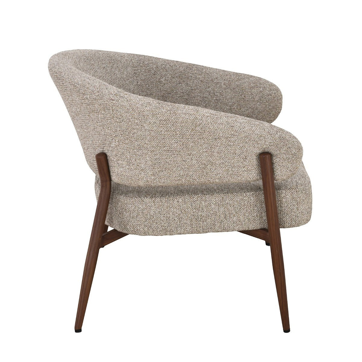 Kayu Living Dilan Hush lounge chair in textured natural fabric with a curved seat and walnut wood frame, side view.