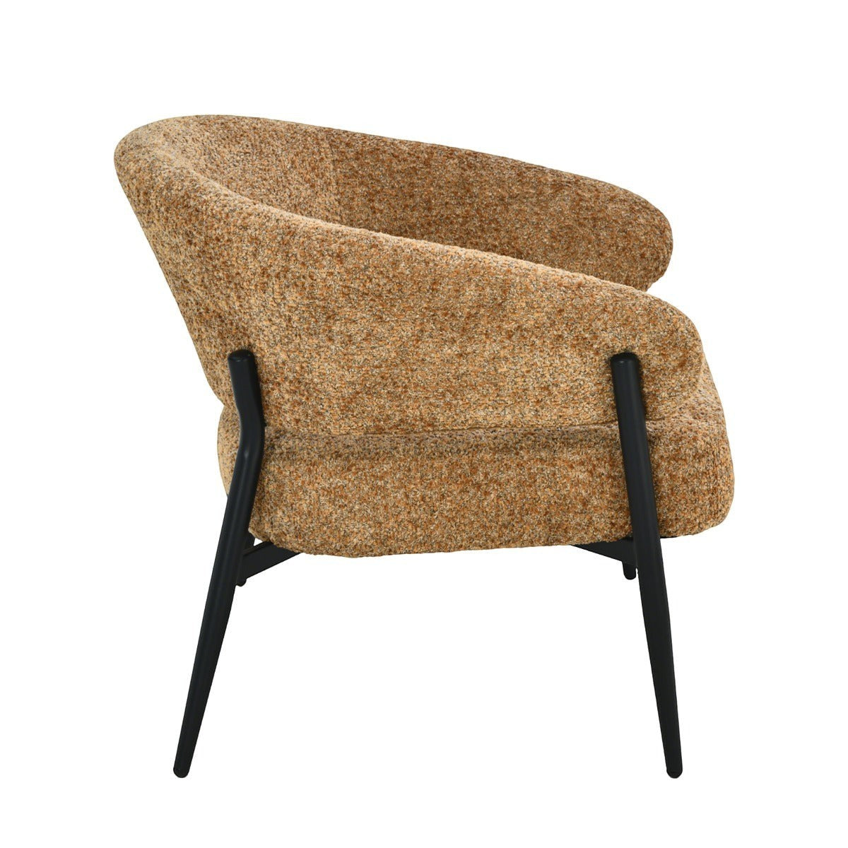 Kayu Living Dilan Venga lounge chair in cognac textured fabric with a black metal frame, side view