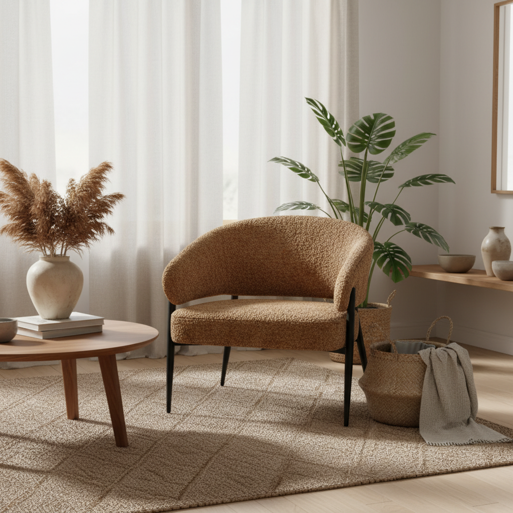 A modern upholstered accent chair in a warm camel bouclé fabric with black metal legs, styled in a bright, minimalist room next to a potted monstera plant and a round wooden coffee table.