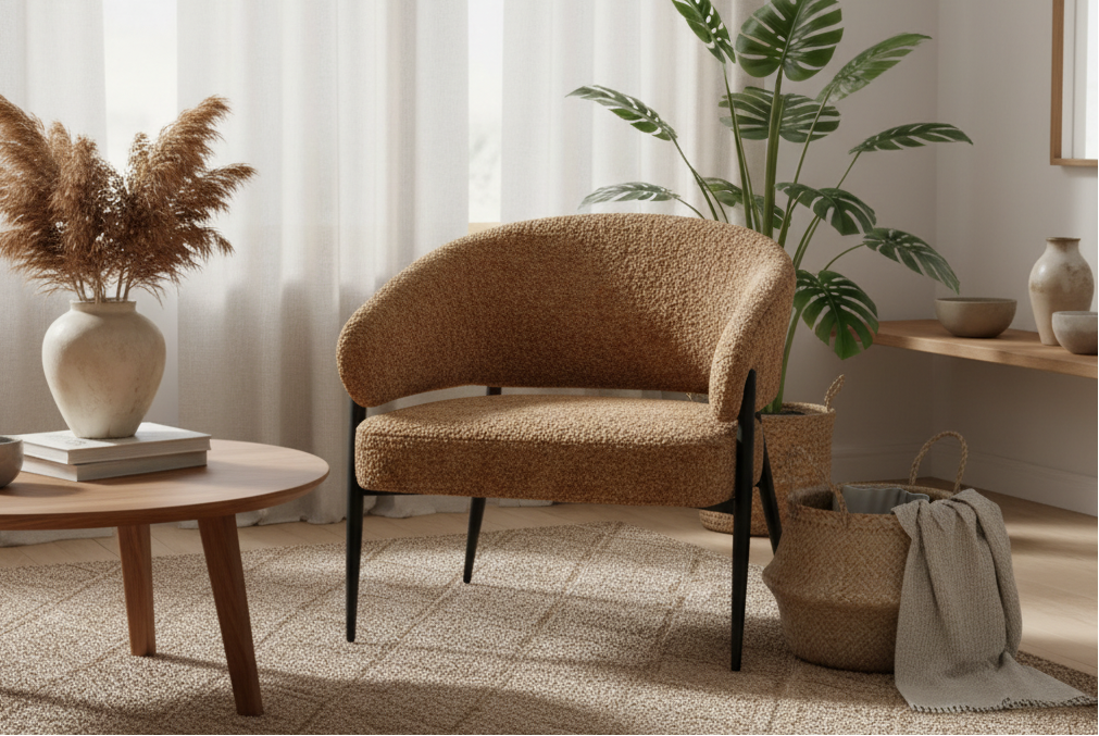 A modern upholstered accent chair in a textured boucle fabric, styled in a warm, neutral-toned living room setting with a wooden coffee table, pampas grass, a potted plant, and a woven basket.