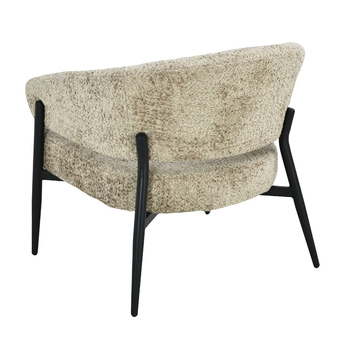 Kayu Living Dilan Venga Liver accent chair with beige textured bouclé upholstery and black metal legs, back view.