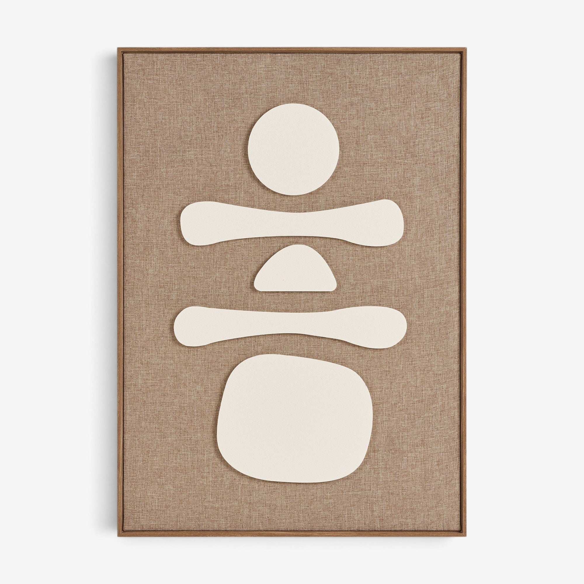 Kayu Living Diva Relief No.1 wall art featuring beige abstract shapes on a textured brown fabric background.