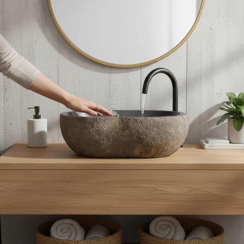 Kayu Living Donau Riverstone Sink with natural textured finish and matte black faucet on a wooden vanity