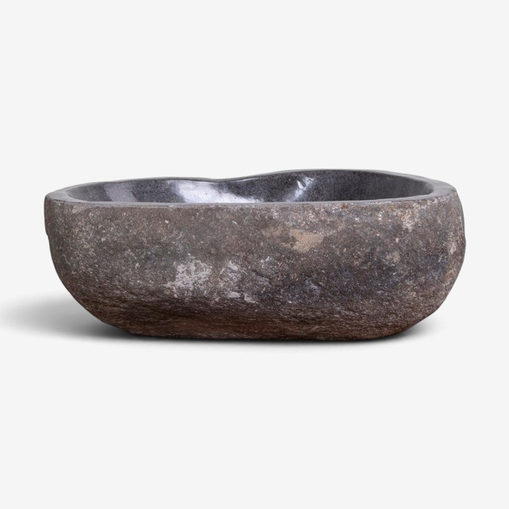 Kayu Living Donau riverstone sink with a natural grey textured exterior and smooth polished basin interior.