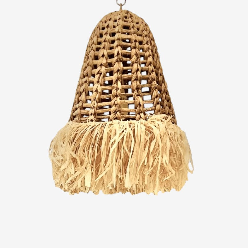 Kayu Living Enceng pendant lamp, handcrafted from natural water hyacinth with a woven bell shape and raffia fringe detail.