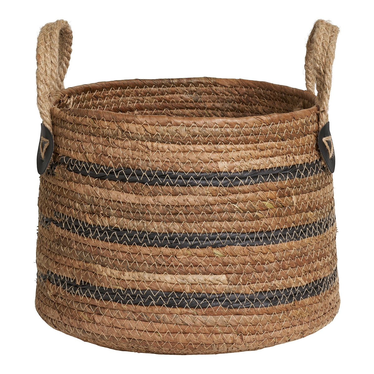 Kayu Living Erba handcrafted natural banana-leaf storage basket with rope handles and black woven stripe detail