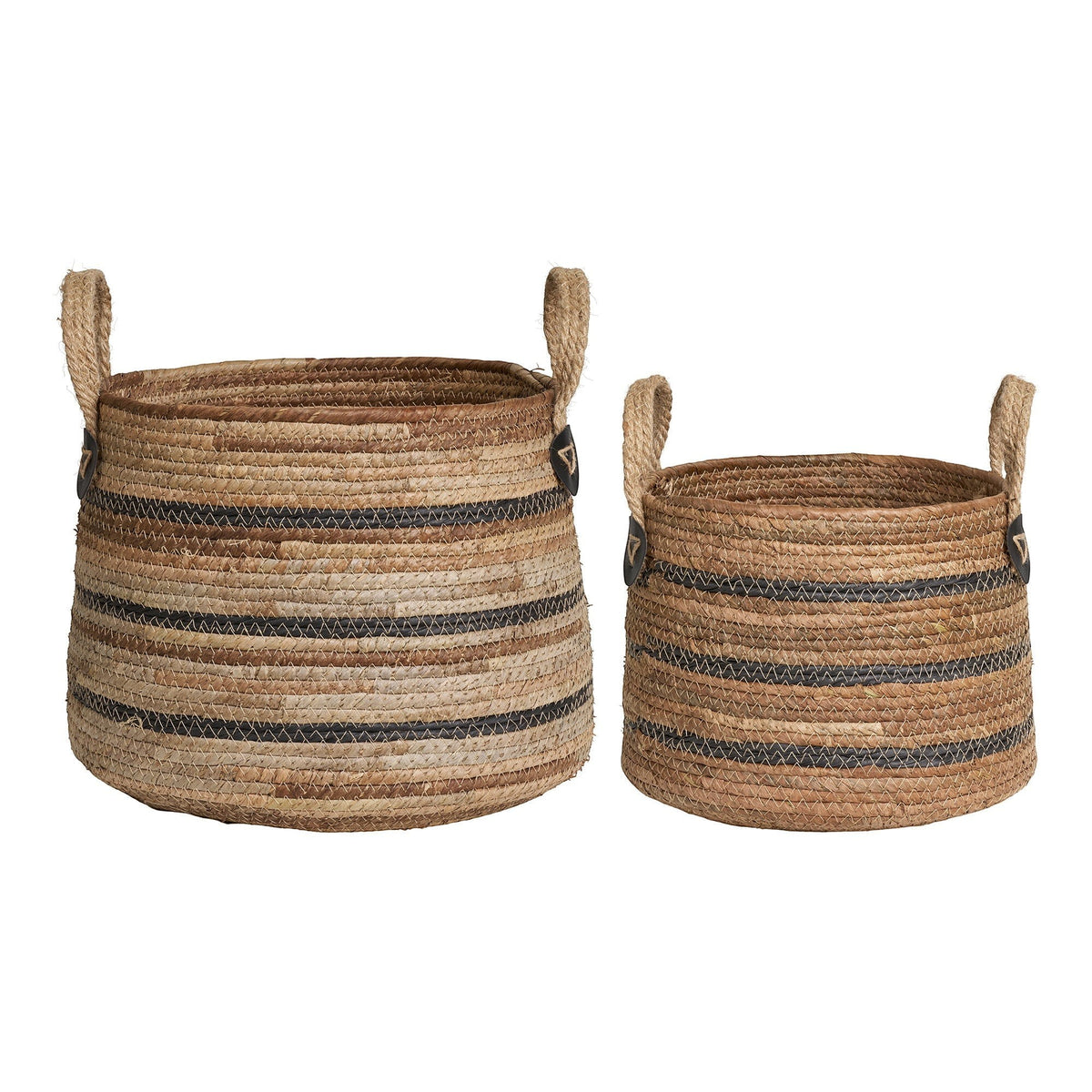 Kayu Living Erba set of two handcrafted natural banana-leaf baskets with dark striped woven details and sturdy handles.