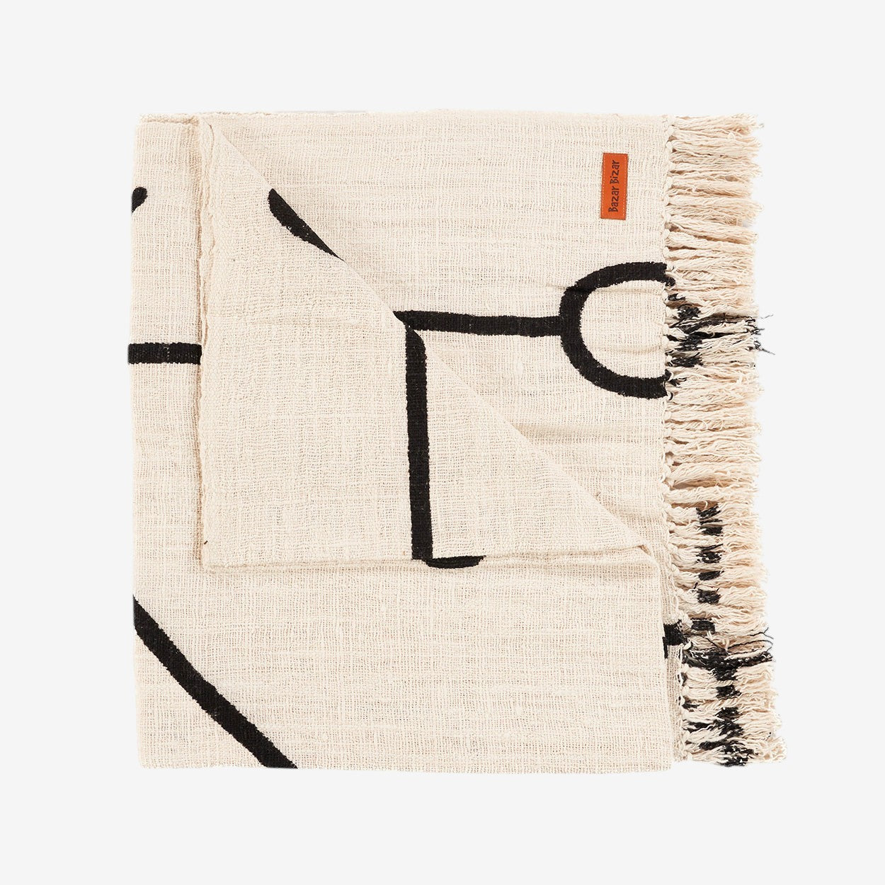 Kayu Living natural black cotton bed throw with evil eye pattern and decorative fringe edges