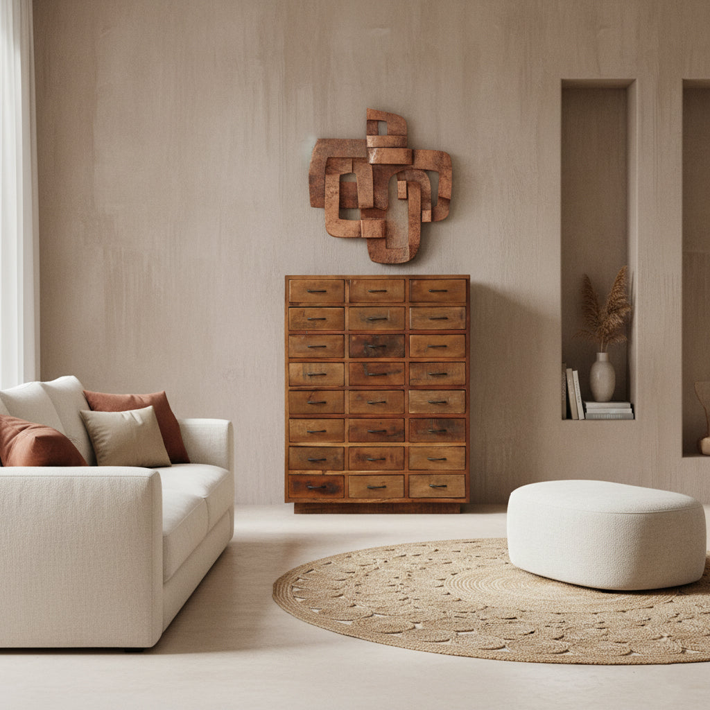 Kayu Living brown reclaimed hardwood factory cabinet with 24 drawers in a minimalist industrial-vintage living room.