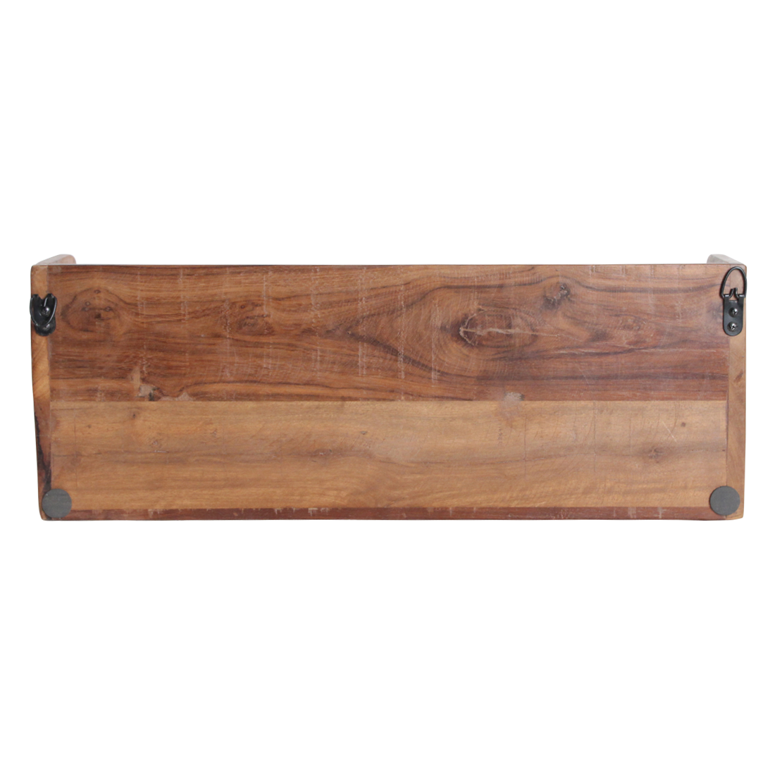 Back view of Kayu Living Factory two-tier wall shelf made from dark reclaimed FSC-recycled wood with metal mounts