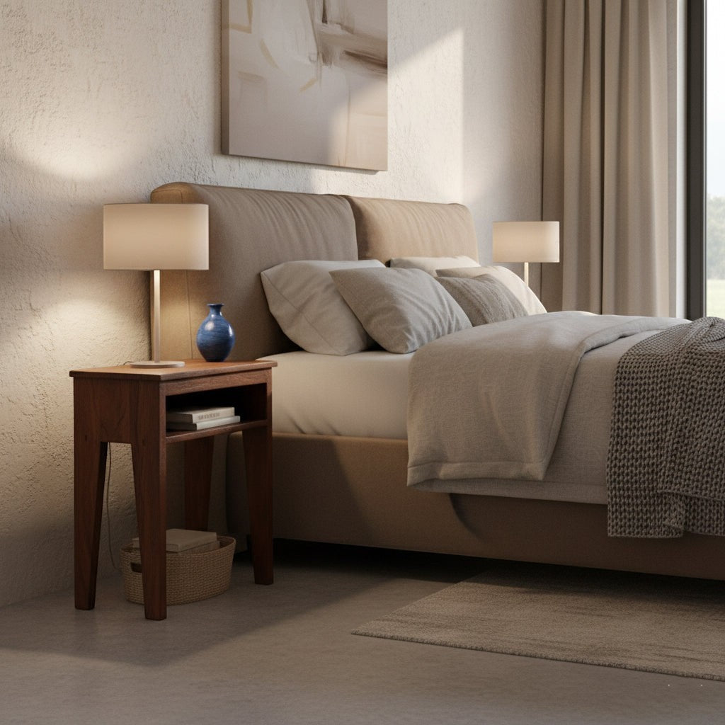 Kayu Living Factory bedside table in recycled wood with open shelf, placed next to a modern upholstered bed.