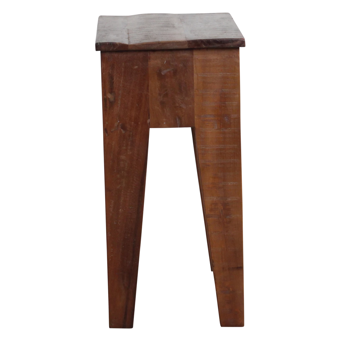 Kayu Living Factory bedside table made from FSC-recycled wood with a rustic patina and tapered legs, side view.