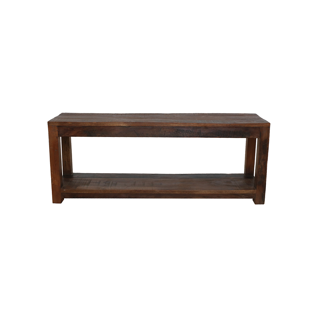 Kayu Living Factory industrial entryway bench made from brown FSC-recycled hardwood with a lower shoe storage shelf.