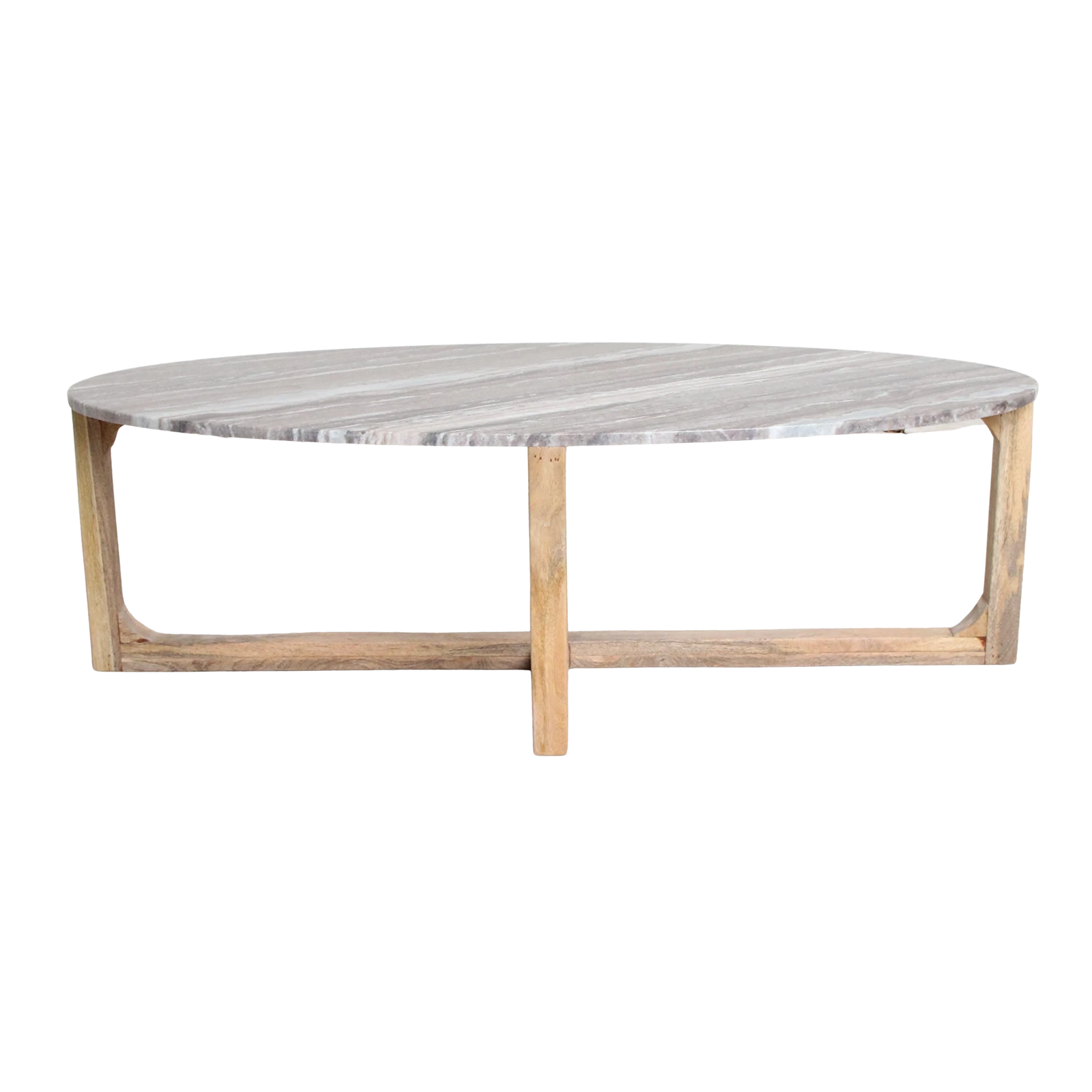 Kayu Living oval Fantasy Brown marble coffee table with brown, gray, and white veining on a sustainable mango-wood base